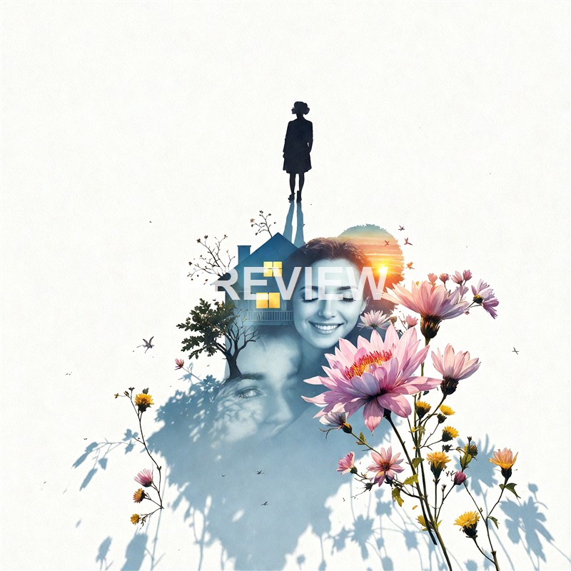 A surreal collage featuring a smiling woman's face with her eyes closed, surrounded by flowers, a small house, and a silhouette of a woman standing on the roof, with the sun setting in the background.